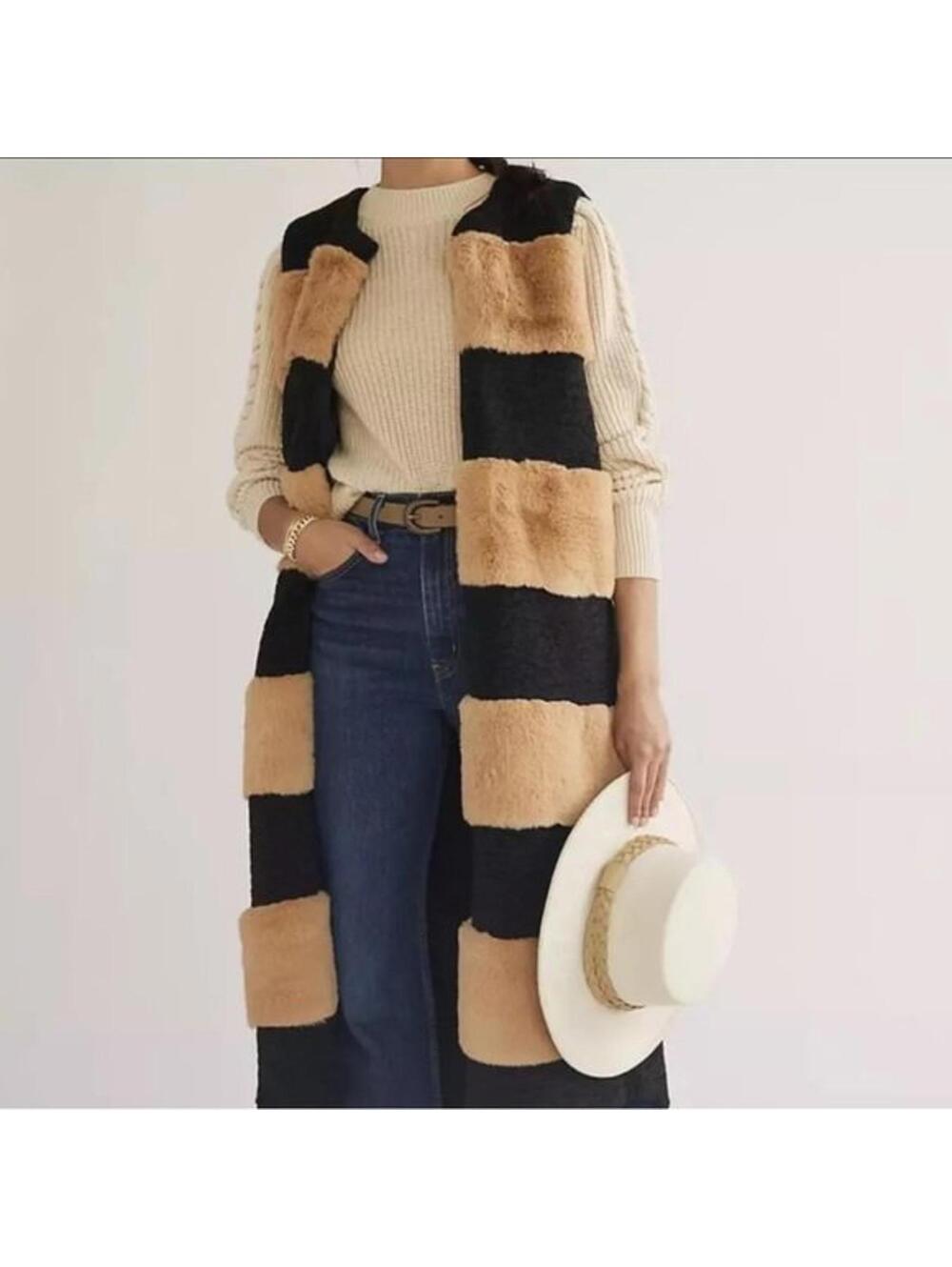 Anthropologie Striped Faux Fur Vest o/s